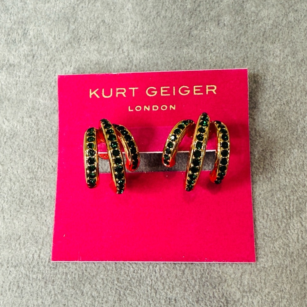 Kurt Geiger Pavé Crystal Triple Huggie Hoop Earrings, in Gold/ Green NWT